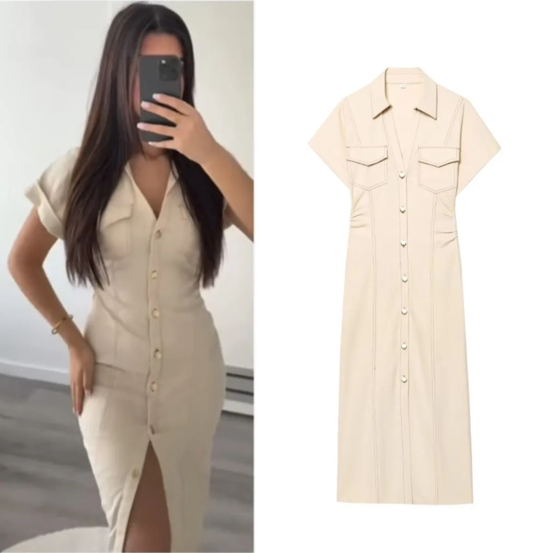 RAVERNO | Women’s Denim Midi Dress – Lapel Zip Sculpted Fit