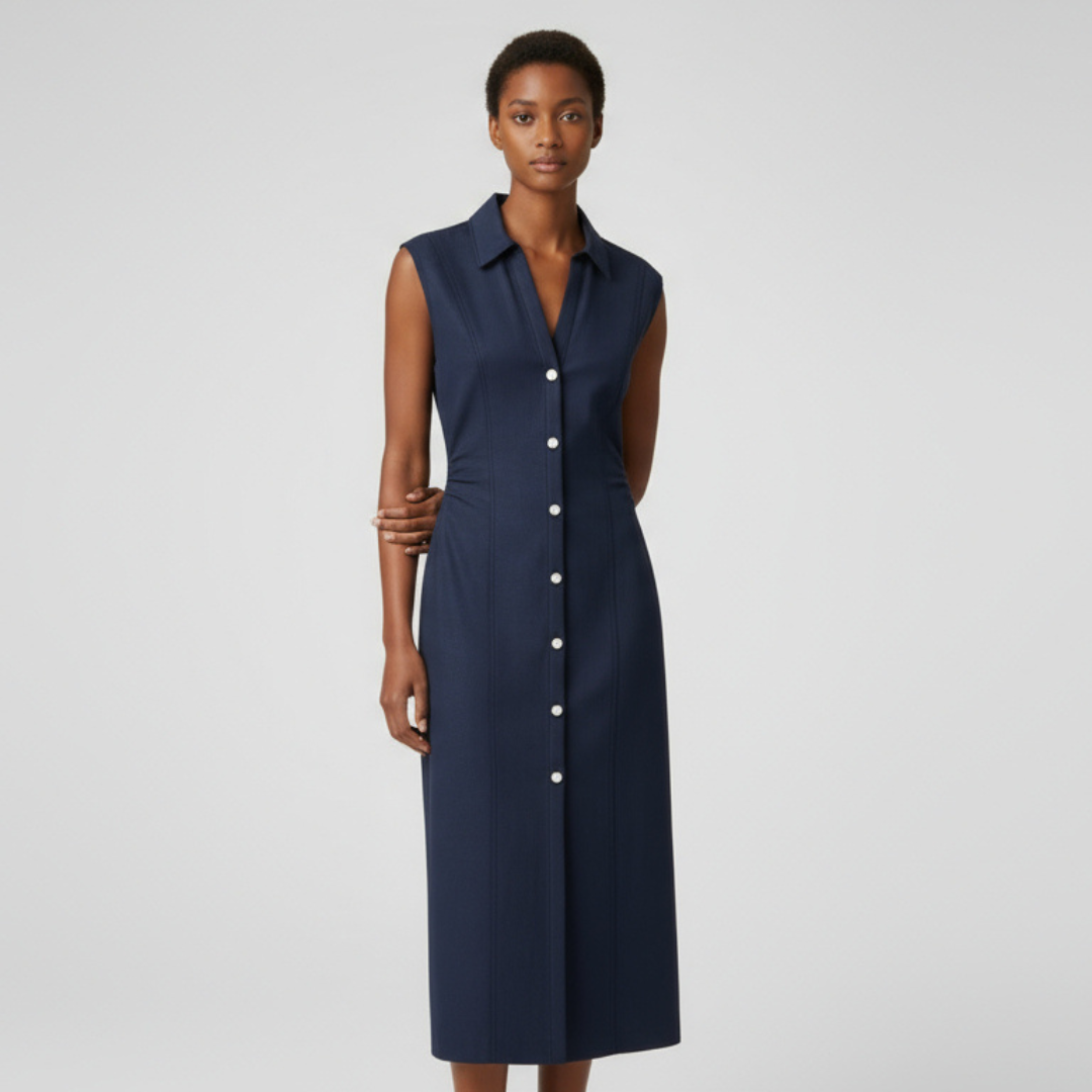 BYRAVERNO | Women’s Denim Midi Dress – Lapel Zip Sculpted Fit