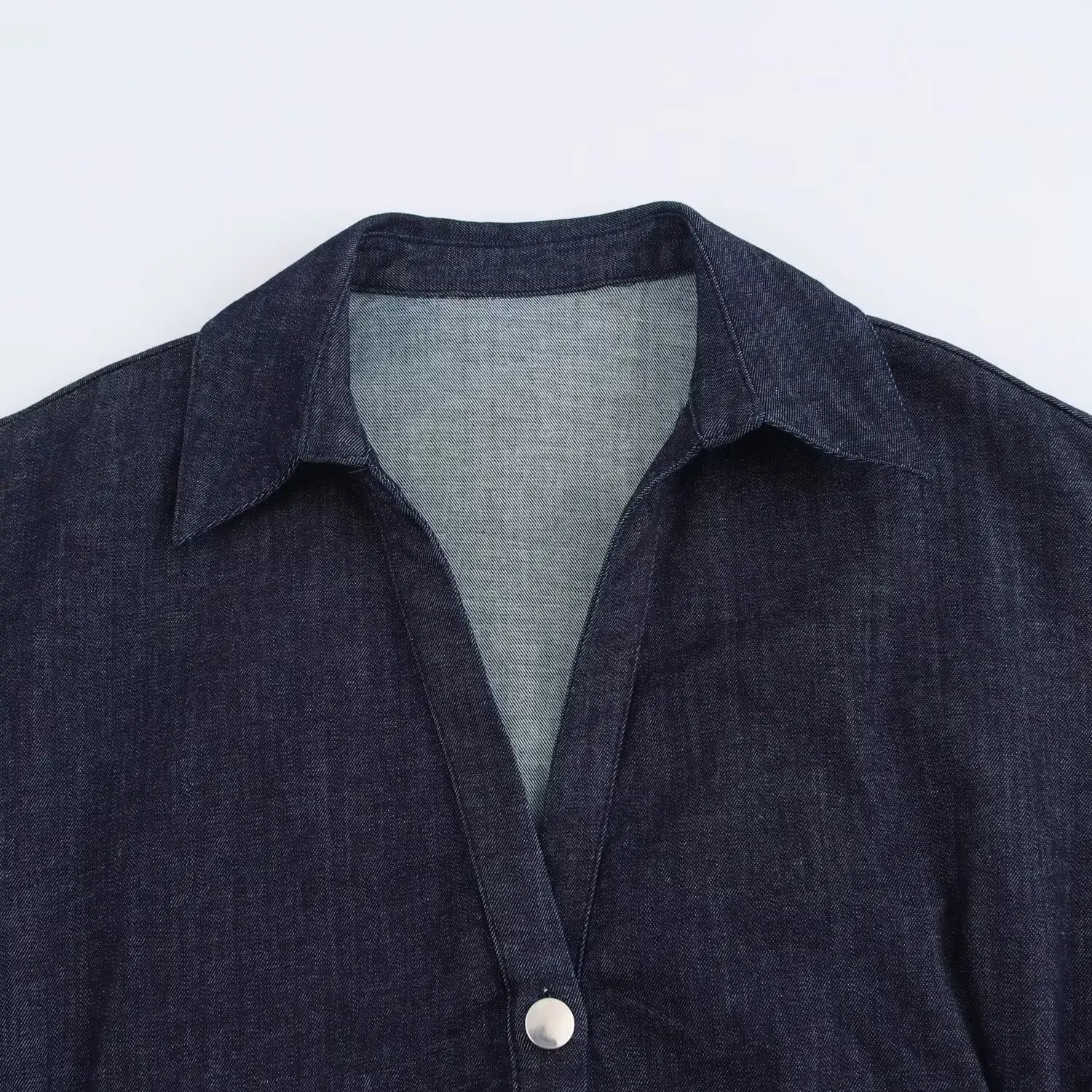 RAVERNO | Women’s Denim Midi Dress – Lapel Zip Sculpted Fit
