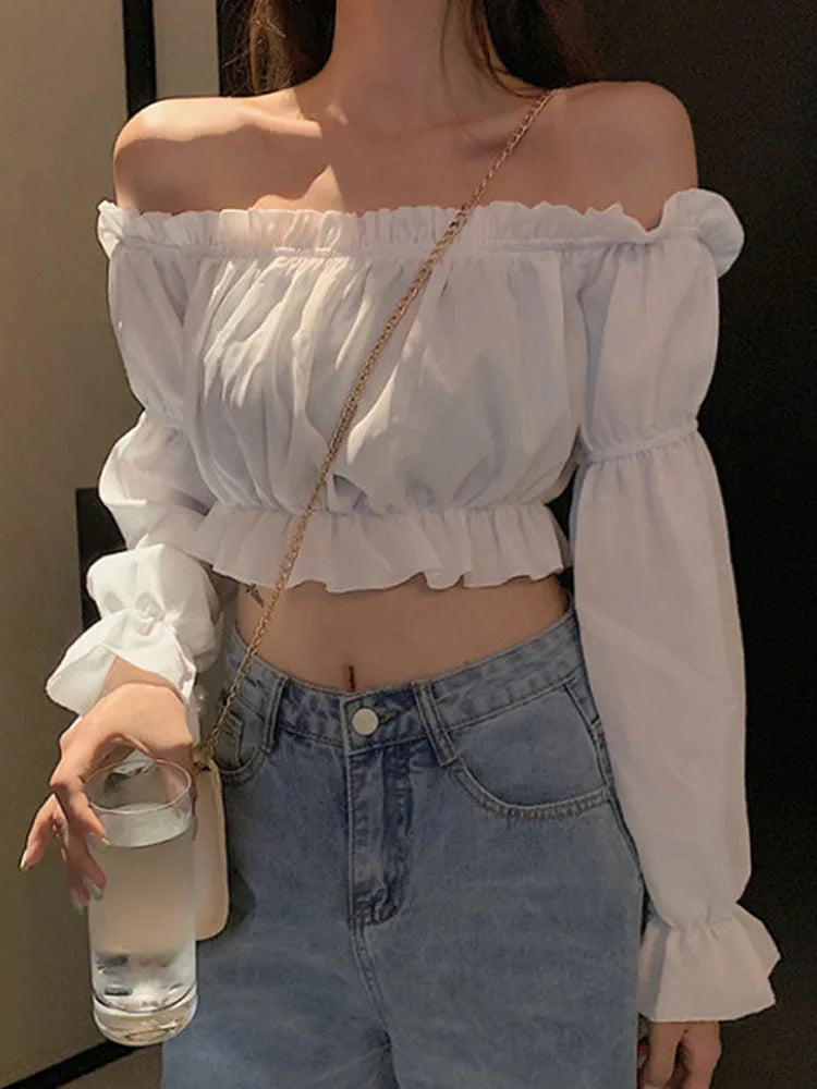 RAVERNO | Women’s Off-Shoulder Puff Sleeve Blouse – Elegant Ruffle Silhouette