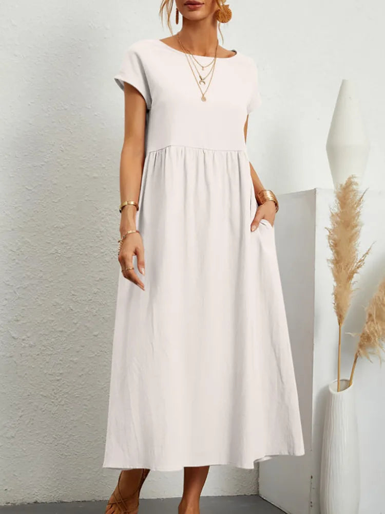 RAVERNO | Women’s Midi Cotton-Linen Dress – Vintage Solid Elegance