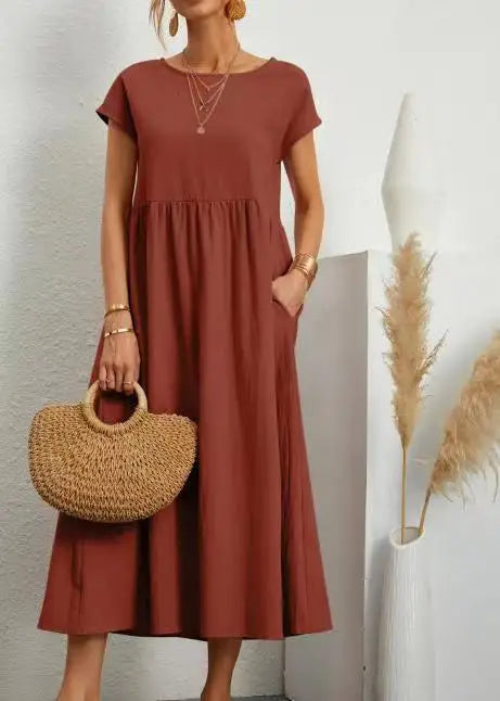 RAVERNO | Women’s Midi Cotton-Linen Dress – Vintage Solid Elegance