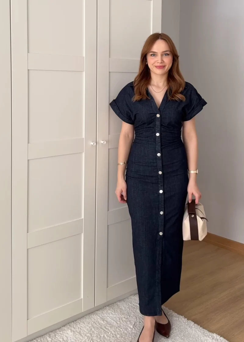 RAVERNO | Women’s Denim Midi Dress – Lapel Zip Sculpted Fit