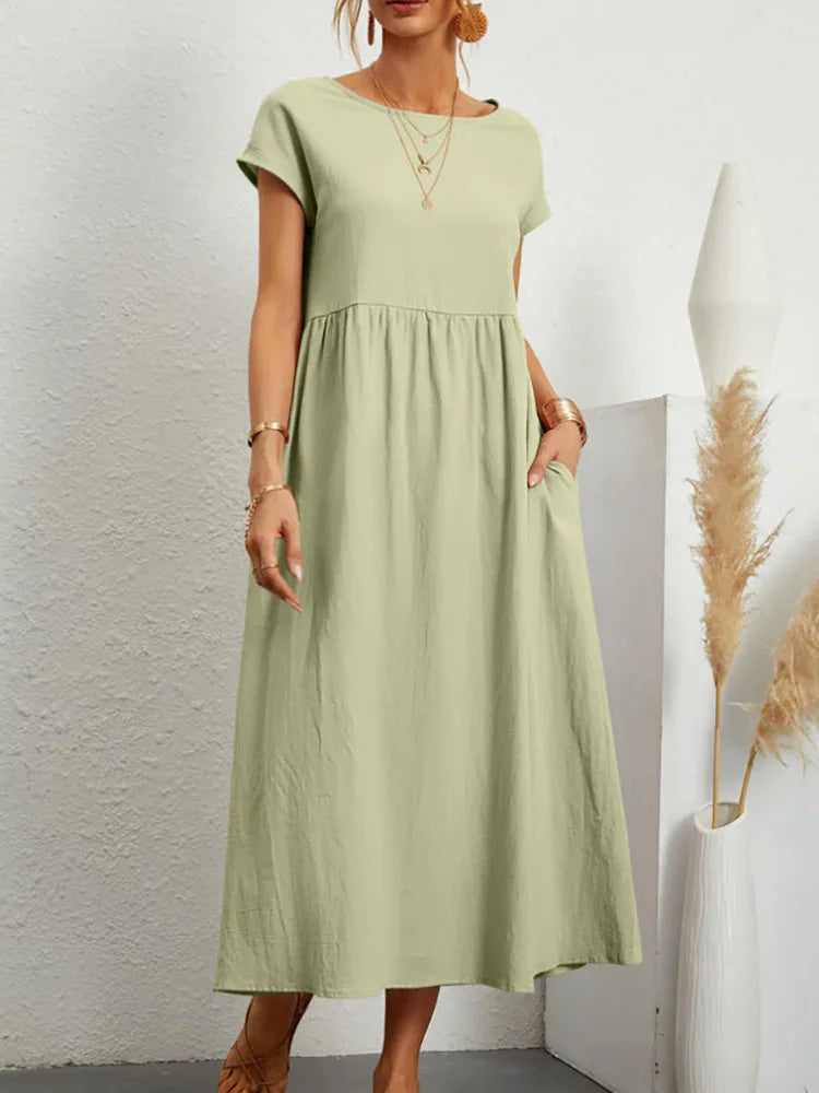 RAVERNO | Women’s Midi Cotton-Linen Dress – Vintage Solid Elegance