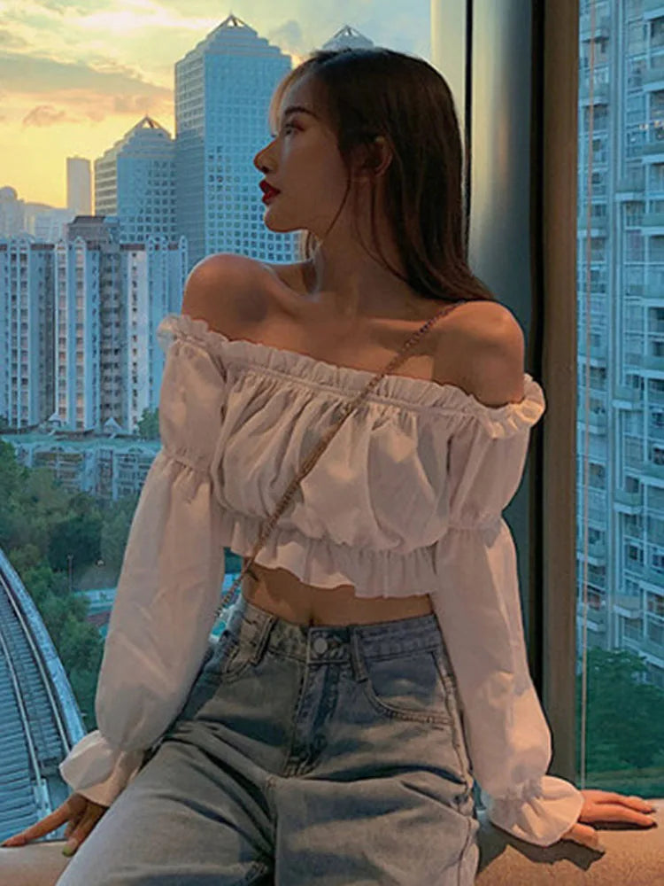 RAVERNO | Women’s Off-Shoulder Puff Sleeve Blouse – Elegant Ruffle Silhouette