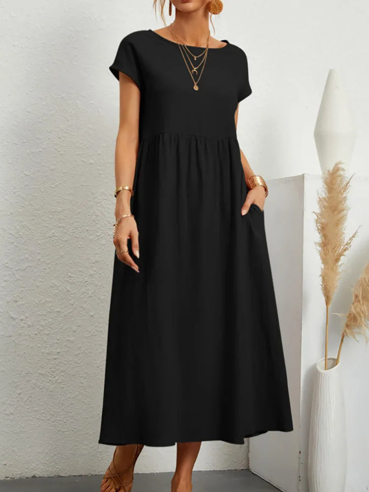 RAVERNO | Women’s Midi Cotton-Linen Dress – Vintage Solid Elegance