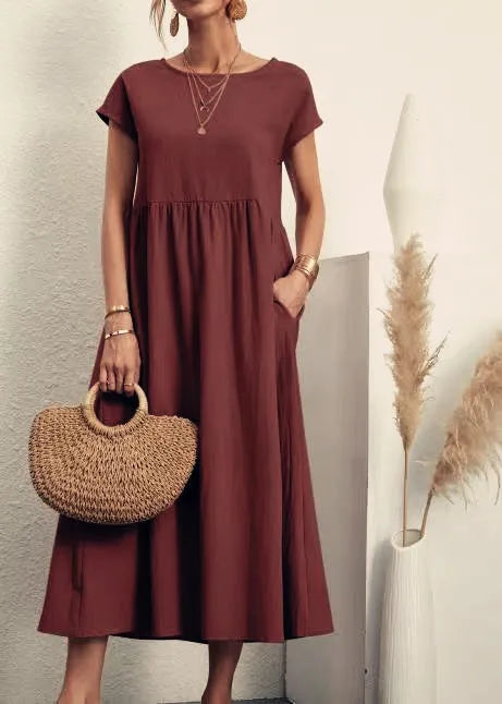 RAVERNO | Women’s Midi Cotton-Linen Dress – Vintage Solid Elegance