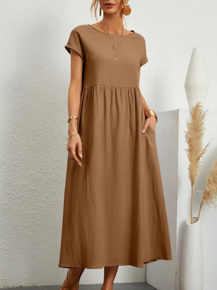 RAVERNO | Women’s Midi Cotton-Linen Dress – Vintage Solid Elegance