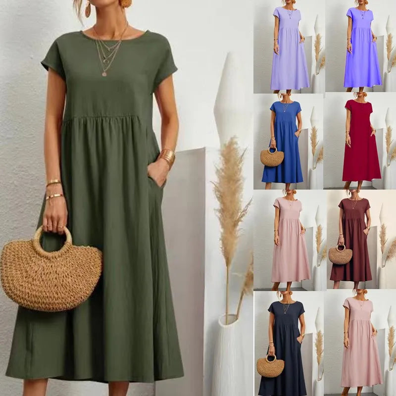 RAVERNO | Women’s Midi Cotton-Linen Dress – Vintage Solid Elegance