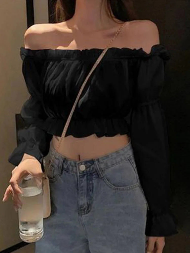 RAVERNO | Women’s Off-Shoulder Puff Sleeve Blouse – Elegant Ruffle Silhouette