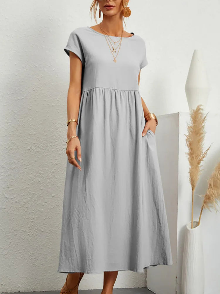 RAVERNO | Women’s Midi Cotton-Linen Dress – Vintage Solid Elegance