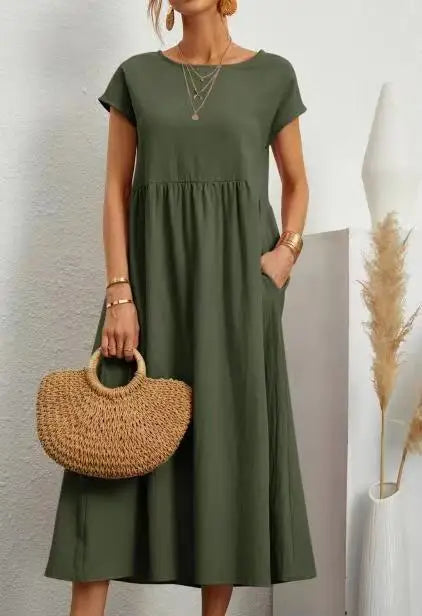 RAVERNO | Women’s Midi Cotton-Linen Dress – Vintage Solid Elegance