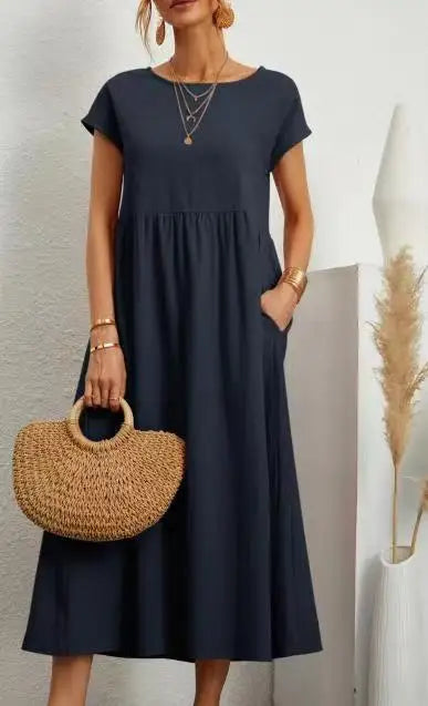 RAVERNO | Women’s Midi Cotton-Linen Dress – Vintage Solid Elegance