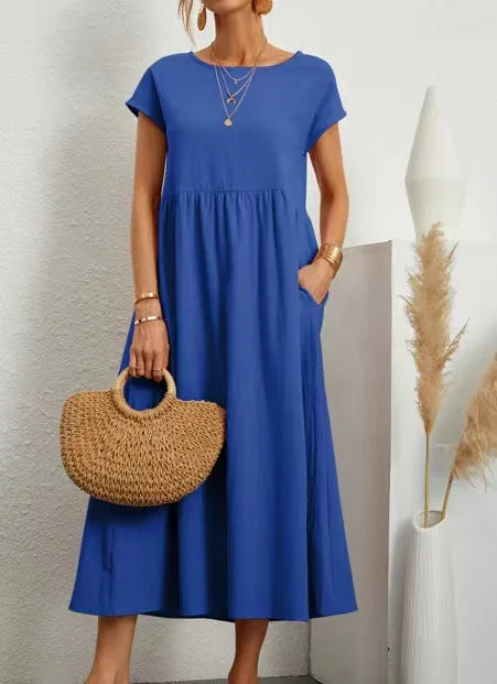 RAVERNO | Women’s Midi Cotton-Linen Dress – Vintage Solid Elegance