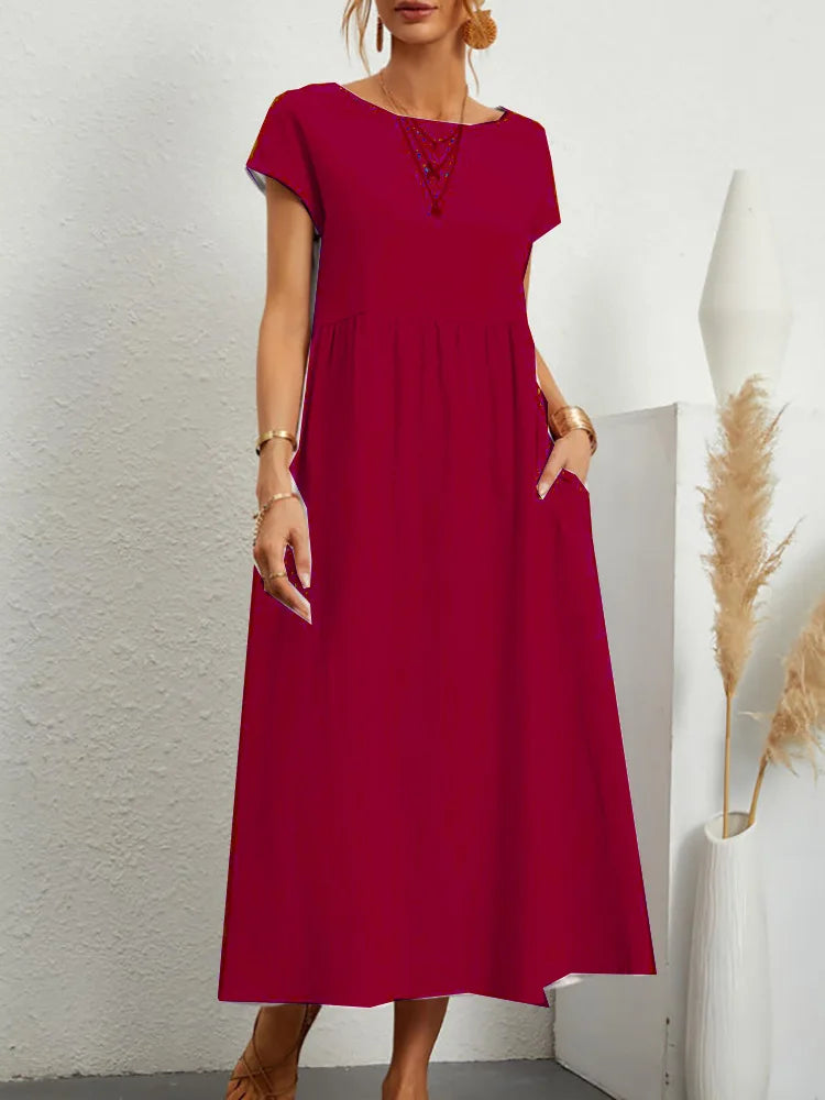 RAVERNO | Women’s Midi Cotton-Linen Dress – Vintage Solid Elegance