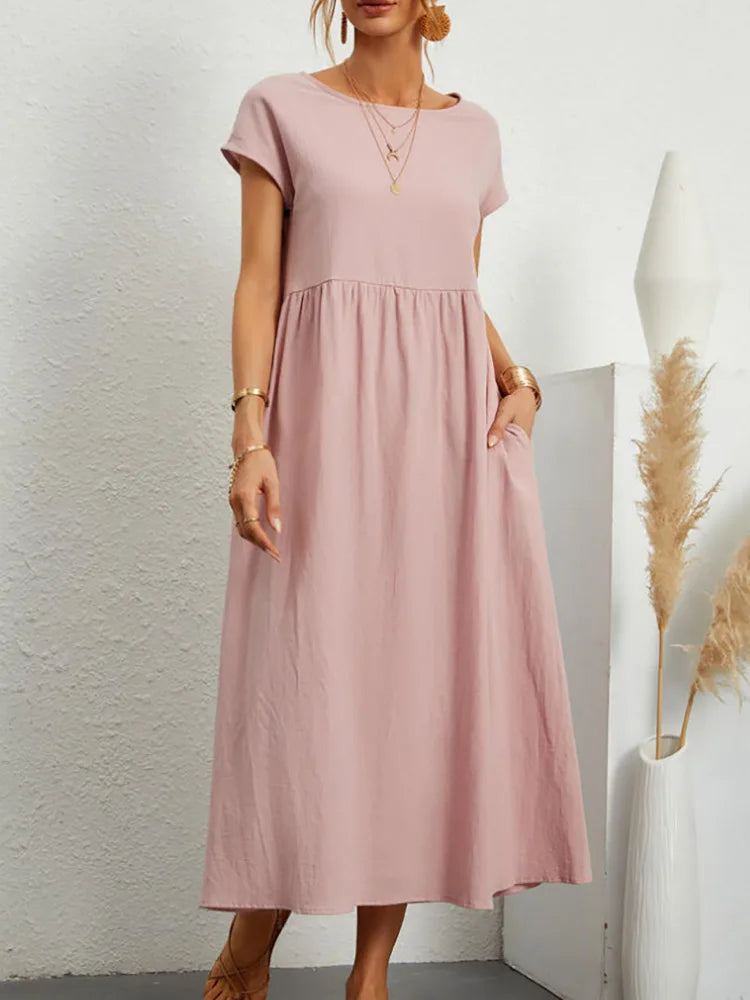 RAVERNO | Women’s Midi Cotton-Linen Dress – Vintage Solid Elegance