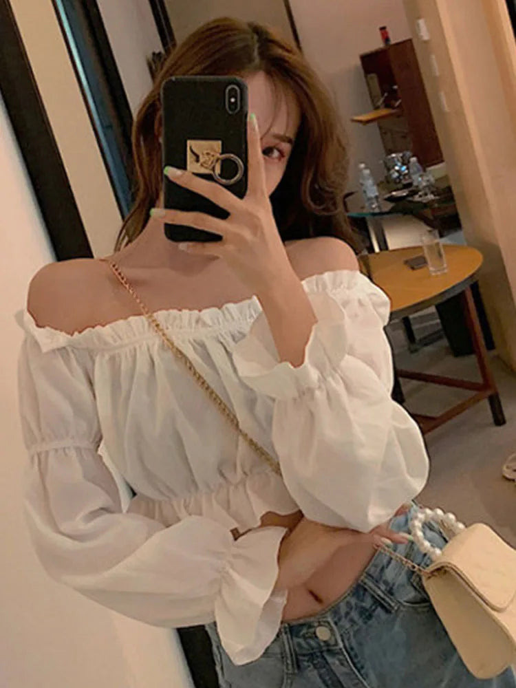 RAVERNO | Women’s Off-Shoulder Puff Sleeve Blouse – Elegant Ruffle Silhouette
