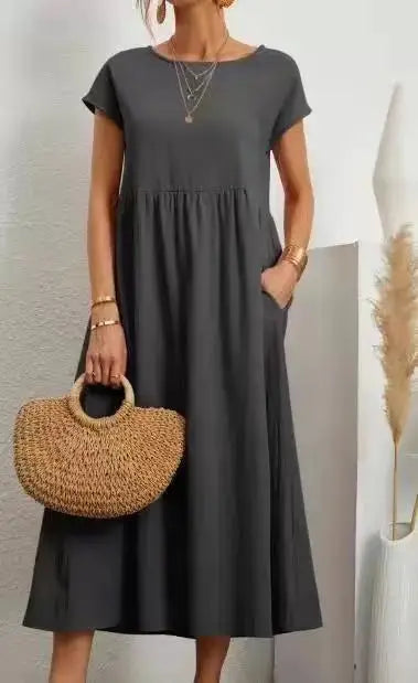 RAVERNO | Women’s Midi Cotton-Linen Dress – Vintage Solid Elegance