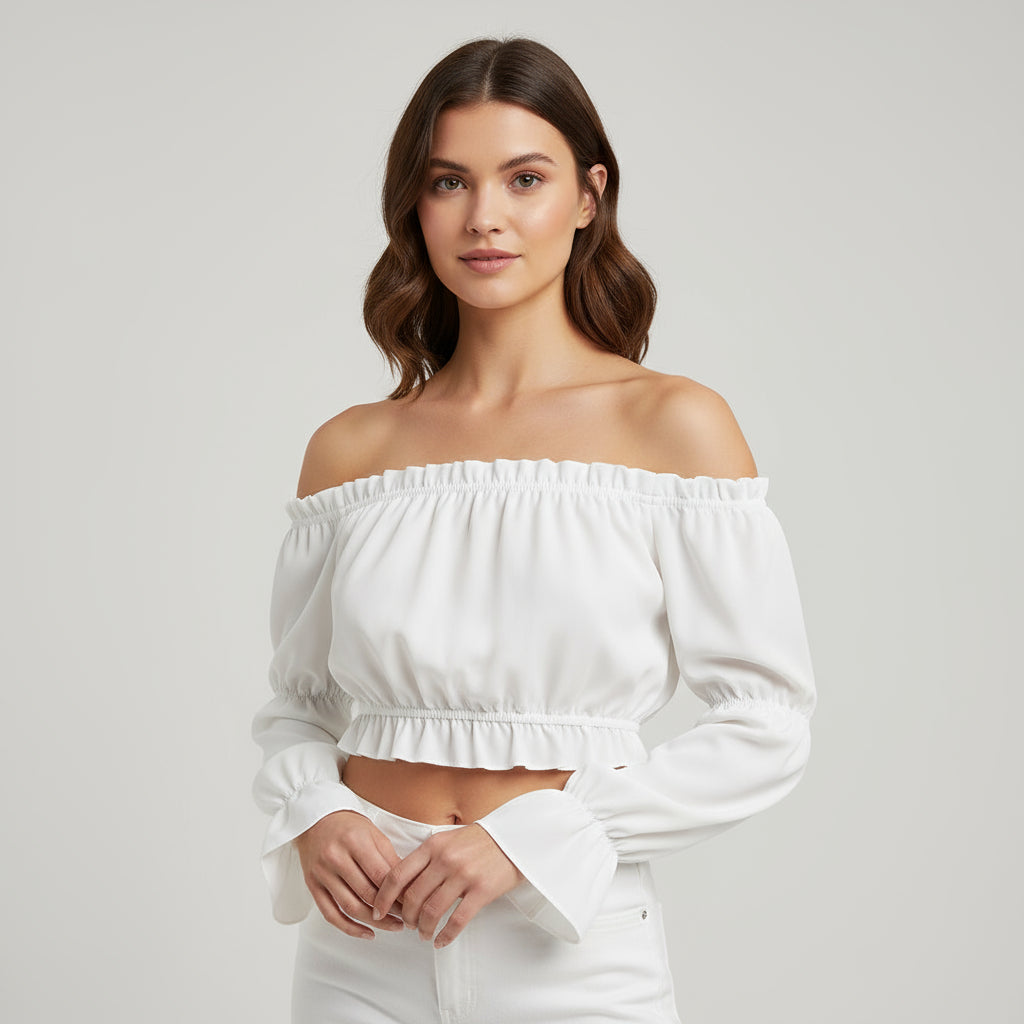 RAVERNO | Women’s Off-Shoulder Puff Sleeve Blouse – Elegant Ruffle Silhouette