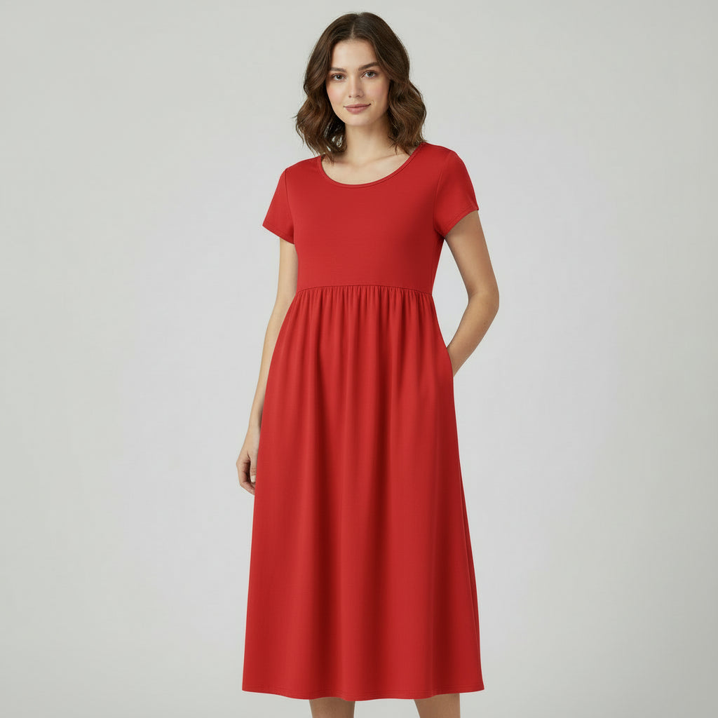 RAVERNO | Women’s Midi Cotton-Linen Dress – Vintage Solid Elegance