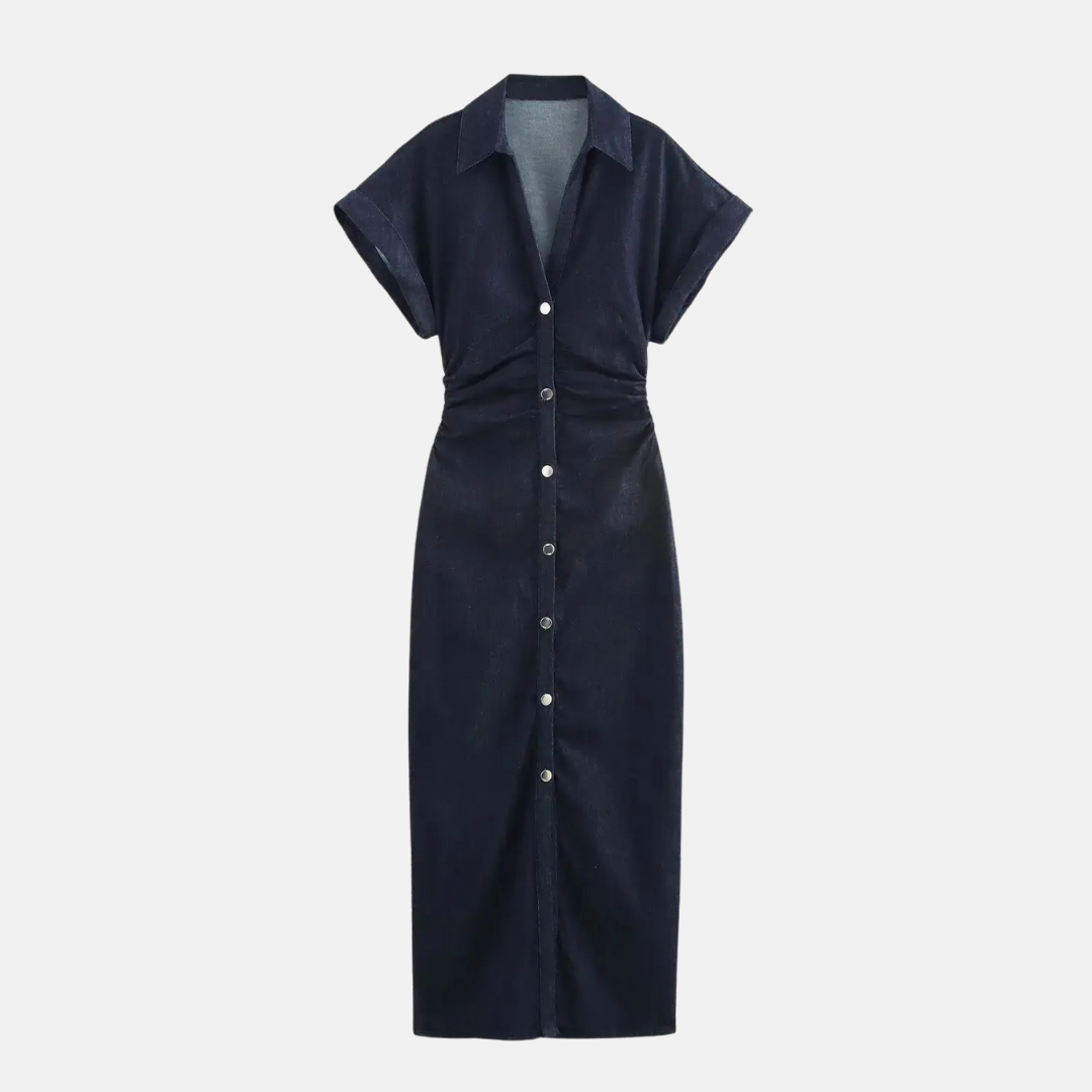 RAVERNO | Women’s Denim Midi Dress – Lapel Zip Sculpted Fit