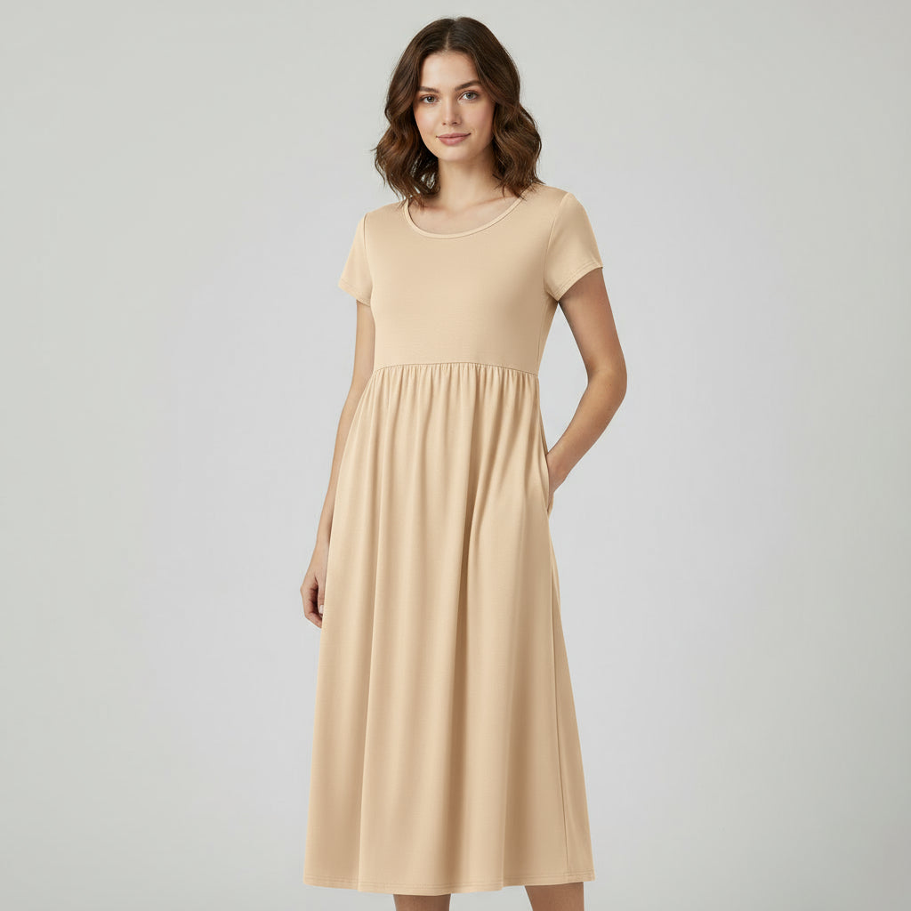 RAVERNO | Women’s Midi Cotton-Linen Dress – Vintage Solid Elegance