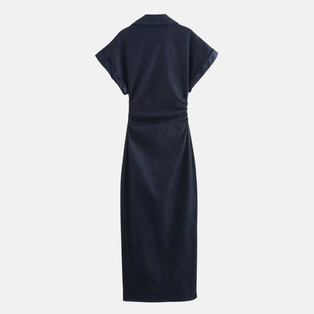 RAVERNO | Women’s Denim Midi Dress – Lapel Zip Sculpted Fit