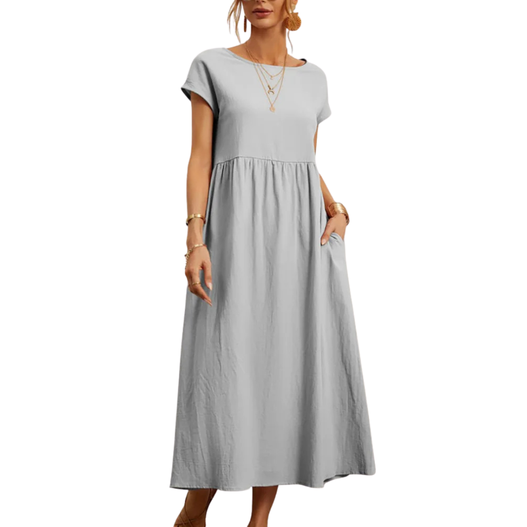 RAVERNO | Women’s Midi Cotton-Linen Dress – Vintage Solid Elegance