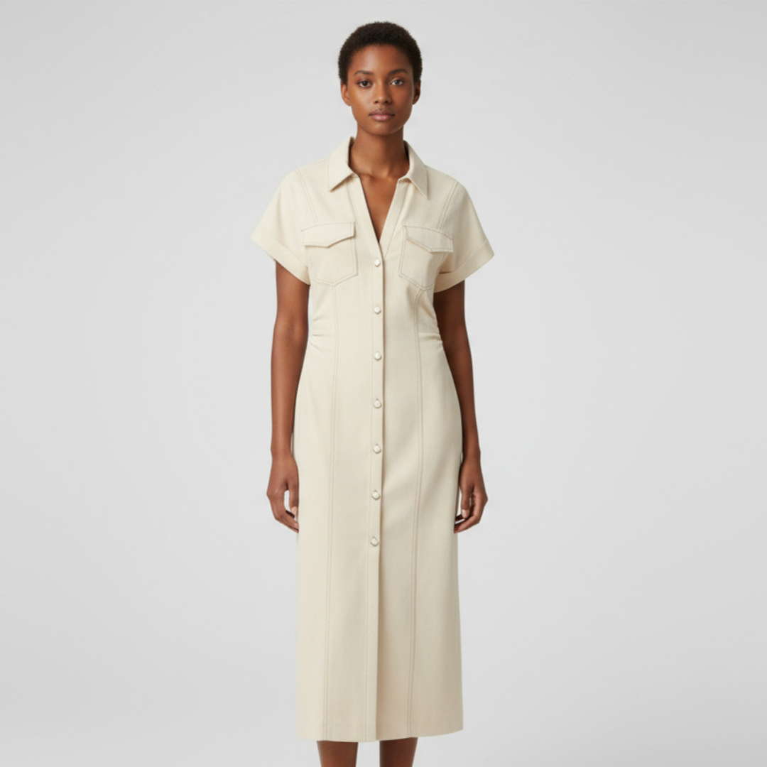 RAVERNO | Women’s Denim Midi Dress – Lapel Zip Sculpted Fit