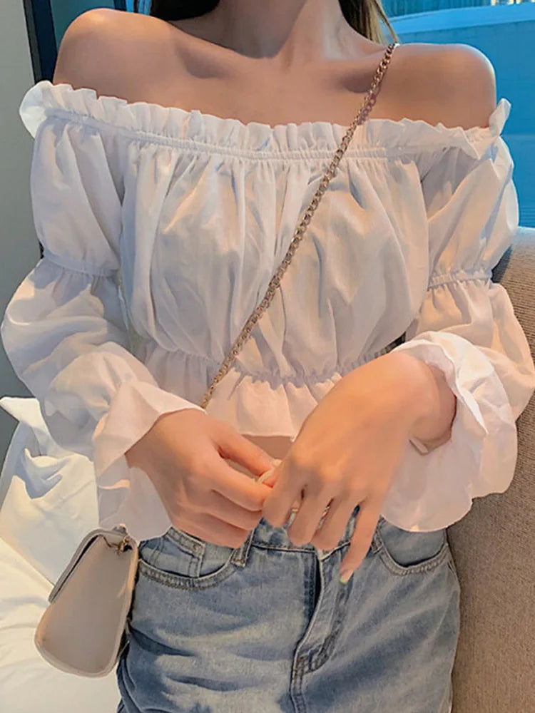 RAVERNO | Women’s Off-Shoulder Puff Sleeve Blouse – Elegant Ruffle Silhouette
