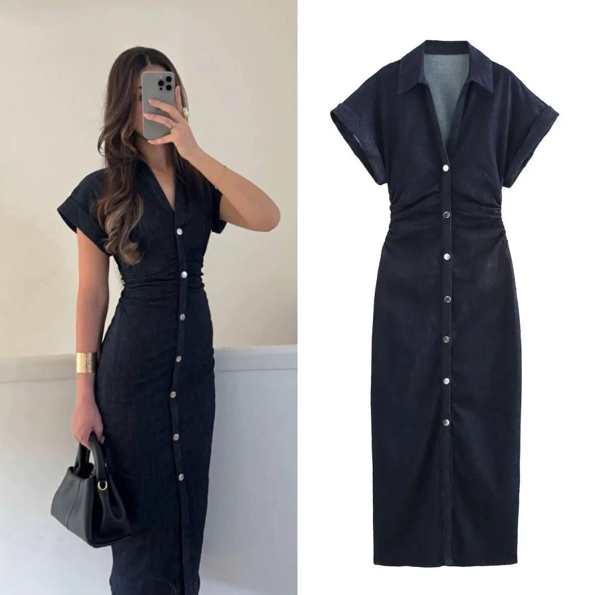 RAVERNO | Women’s Denim Midi Dress – Lapel Zip Sculpted Fit