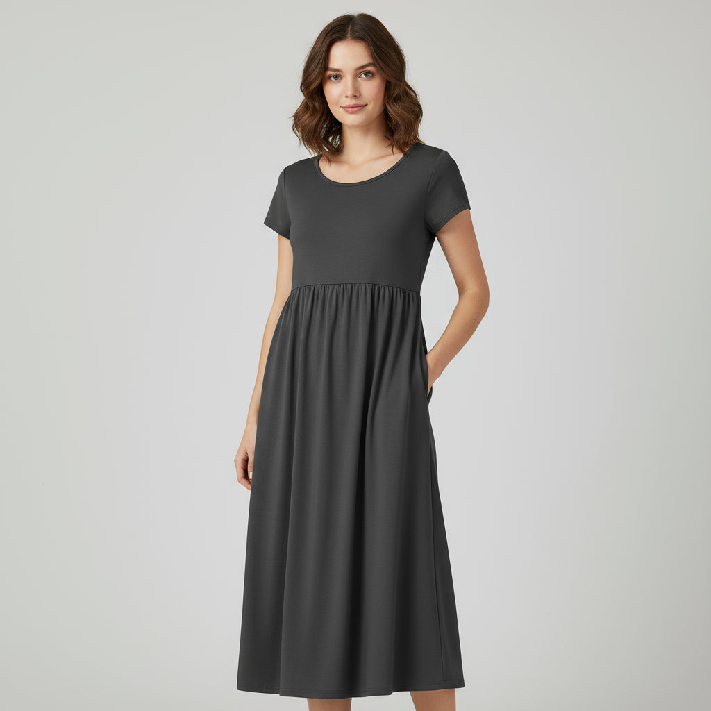 RAVERNO | Women’s Midi Cotton-Linen Dress – Vintage Solid Elegance