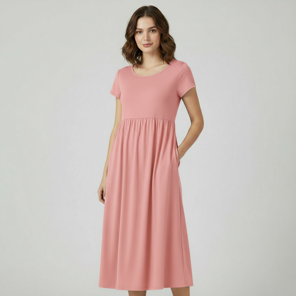 RAVERNO | Women’s Midi Cotton-Linen Dress – Vintage Solid Elegance